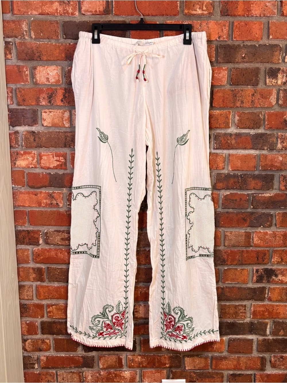 Zara womens embroidered wide leg cotton drawstring pants cream L